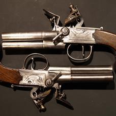 Rare pair of 3-barrel flintlock pistols by Thomas